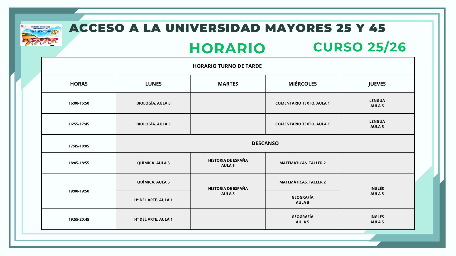 HORARIO ACCESO UNIVERSIDAD 25/26